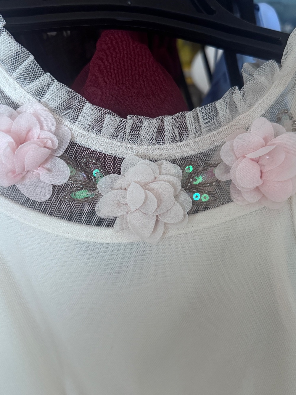 Cream Girls' Floral Appliqué Party Dress with Pink Accents